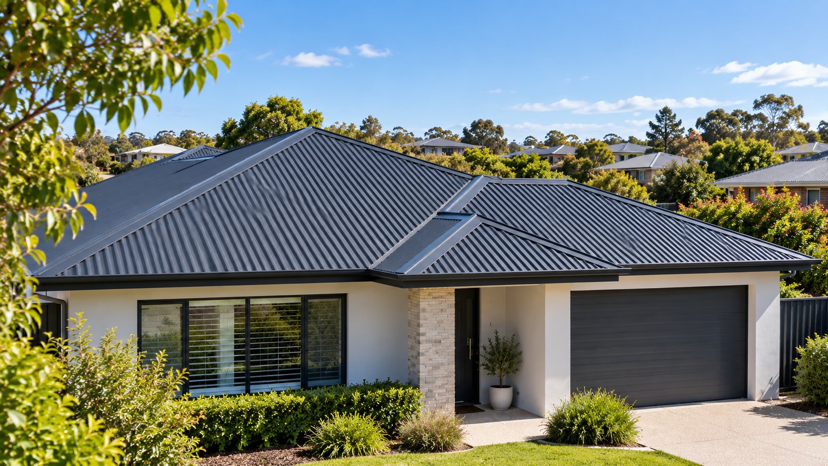 Charcoal metal roof on a Canberra home after roof coating
