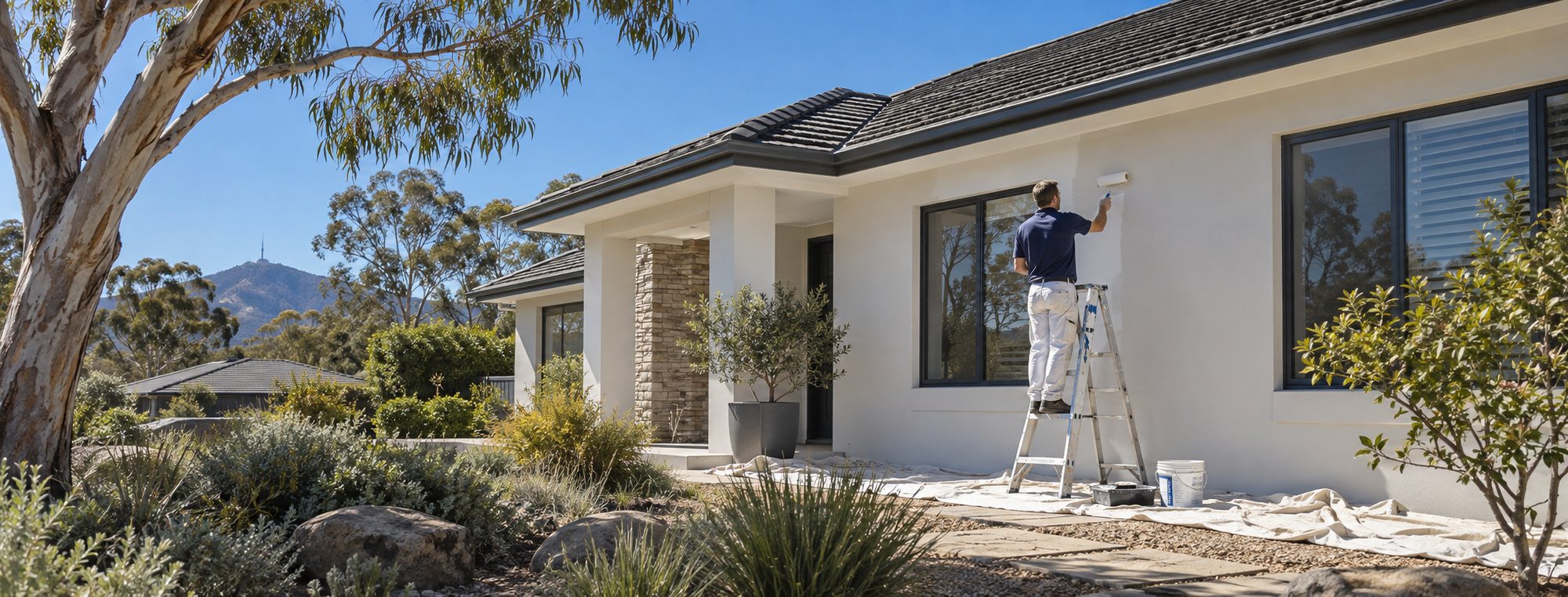Luminous Ace painter repainting the exterior of a Canberra home with Telstra Tower on the ridge behind