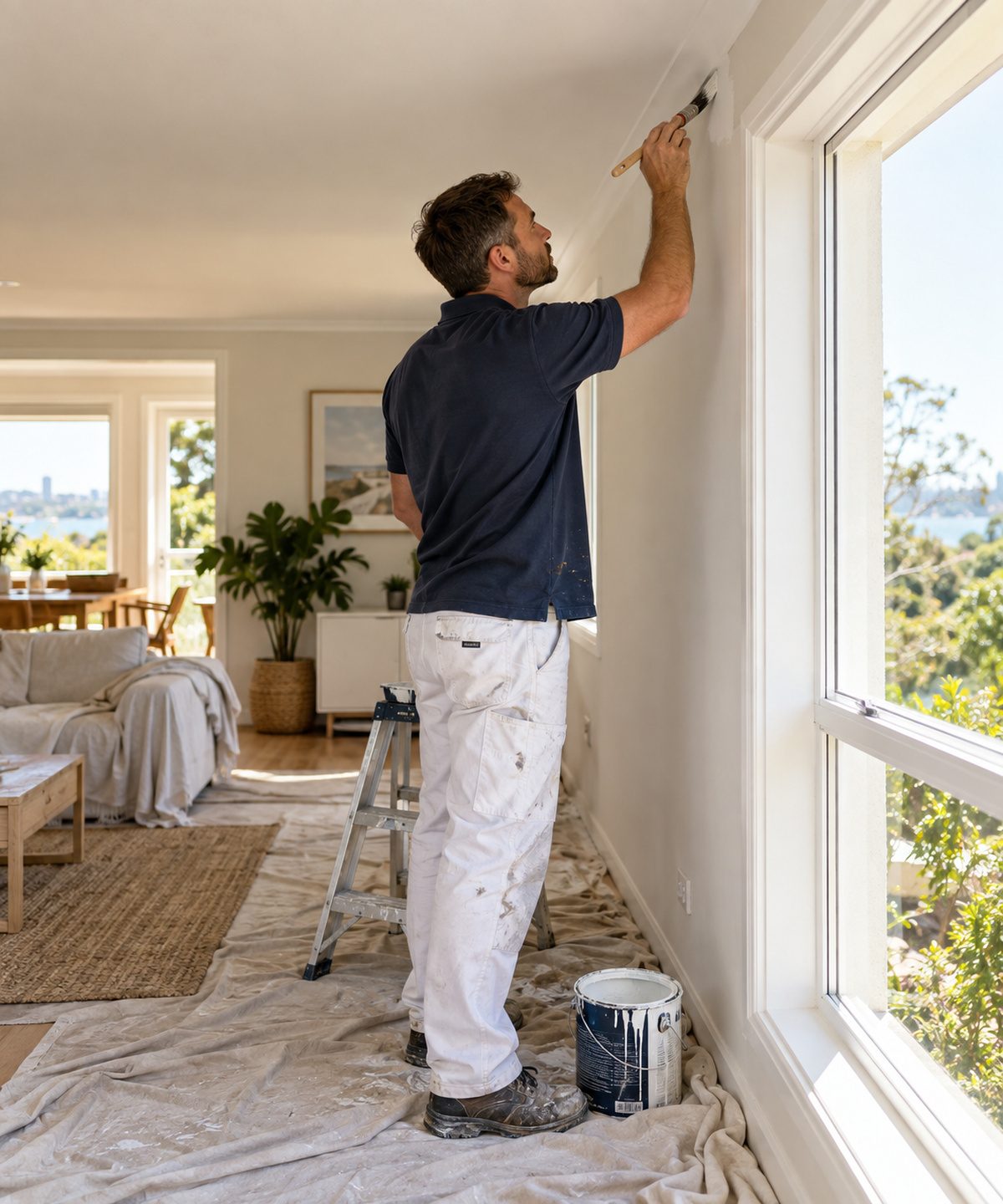 Painter cutting in along a ceiling line inside a home with floors protected