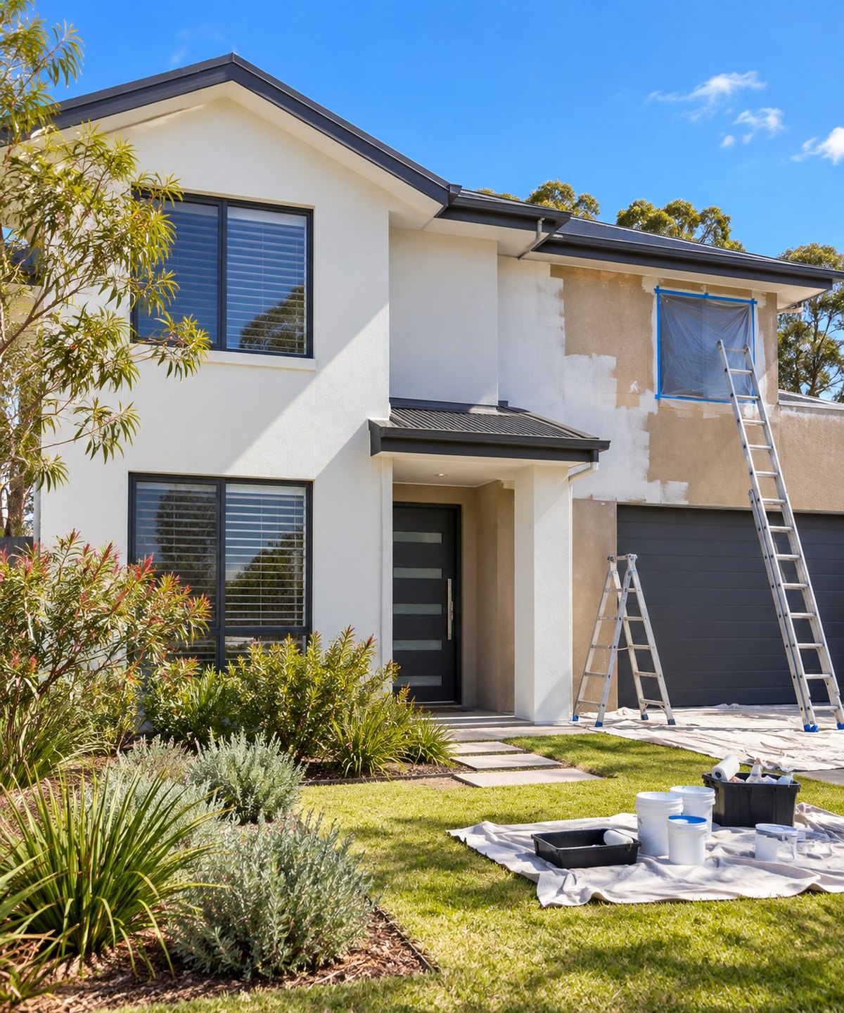 Two storey Canberra home mid repaint with ladders and drop sheets set up