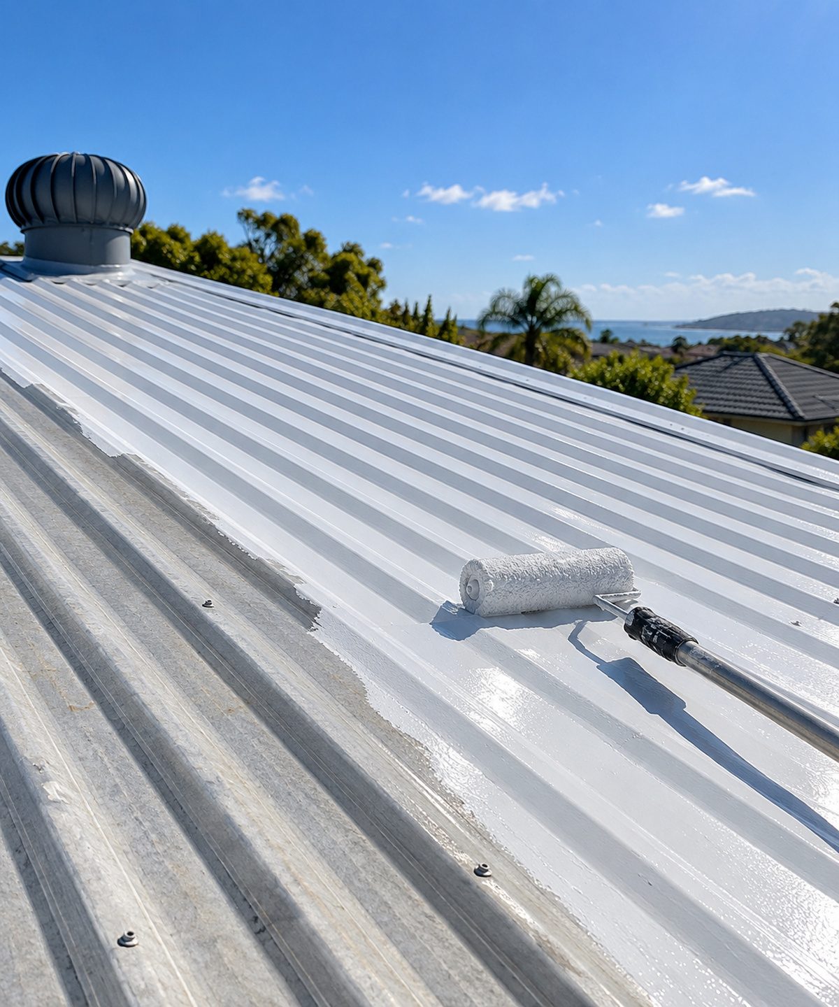 Roller applying roof coating along the ribs of a metal roof